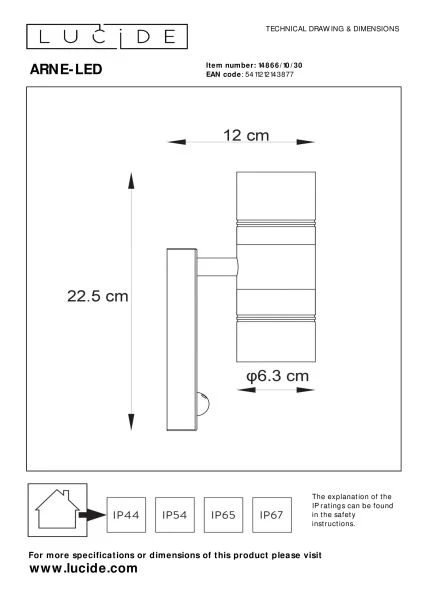 Lucide ARNE-LED IR - Wall spotlight / Wall light Indoor/Outdoor - Ø 6,3 cm - LED - GU10 - 2x5W 2700K - IP44 - Motion & Day/Night Sensor - Black - technical